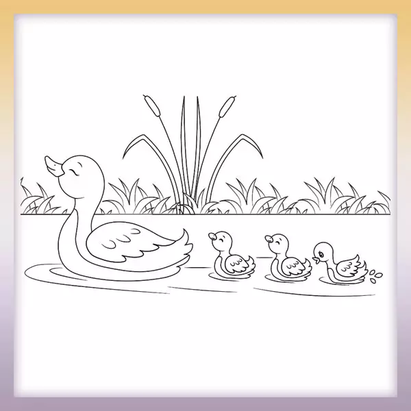 Omaľovánka - Kačka s malými kačiatkami