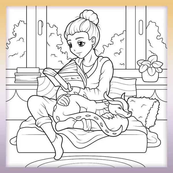 Dievča číta s drakom | Online omaľovánky pre deti