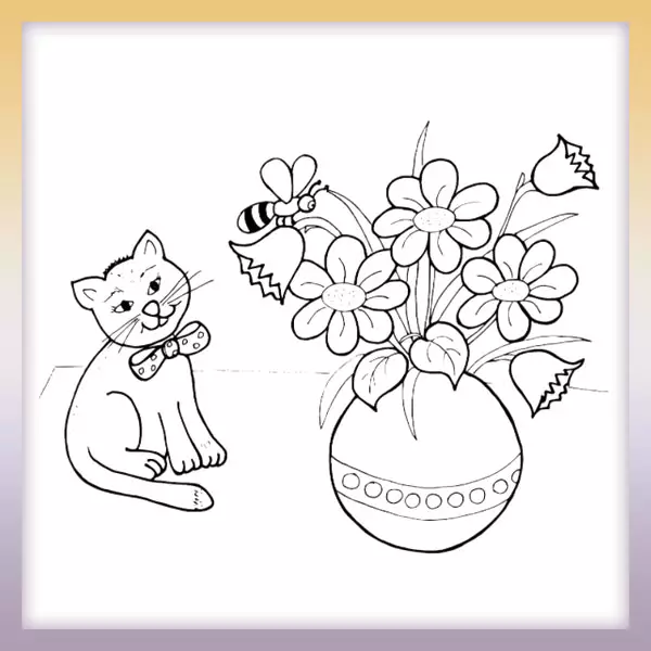 Mačiatko a kytica kvetov | Online omaľovánka