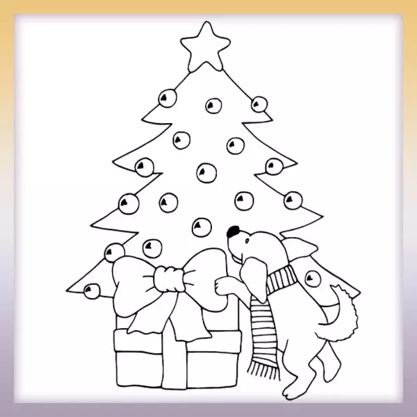 Psík pri vianočnom stromčeku | Online omaľovánka