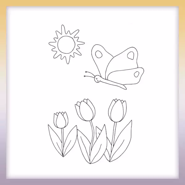 Tulipány a motýľ | Online omaľovánka